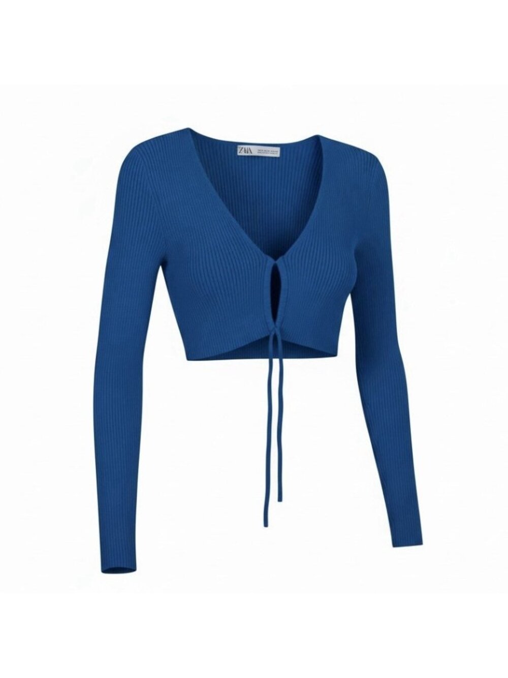 ZARA Rib Knit Crop Top Size Small Cobalt Blue Long Sleeve Cardigan Tie Front